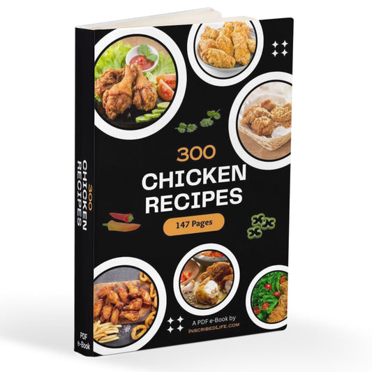 A standing cookbook with different dishes around the words, "300 Chicken Recipes," all against a black background