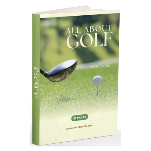 A book displaying a golf club and ball against a green backdrop