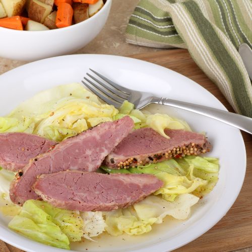 Corned beef and cabbage on a serving plate