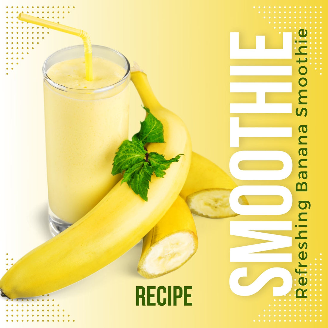 An illustration of a banana smoothie in a glass with a banner beside it against a yellow background