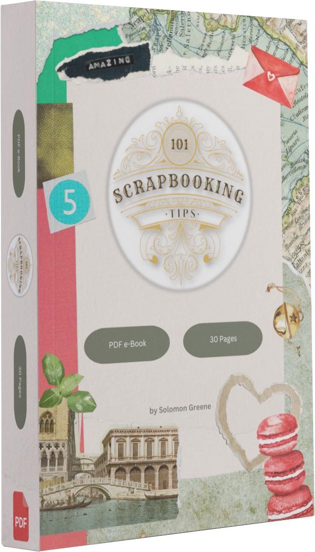 101 Scrapbooking Tips eBook at an angle with a border displaying contents of a scrapbook