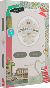 101 Scrapbooking Tips eBook at an angle with a border displaying contents of a scrapbook