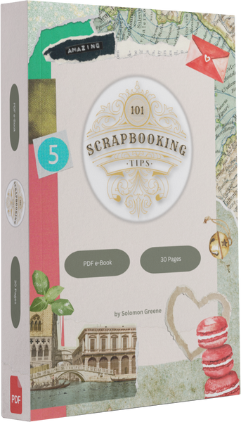 101 Scrapbooking Tips eBook at an angle with a border displaying contents of a scrapbook