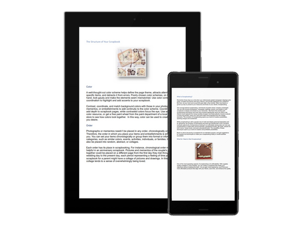 Pages of the 101Scrapbooking Tips displaying on an Android Tablet and Phone