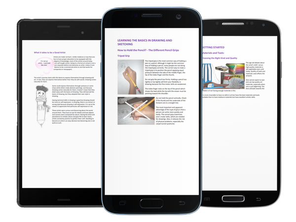 A page from Pencil Drawing The Beginners Guide eBook on three different Android Devices