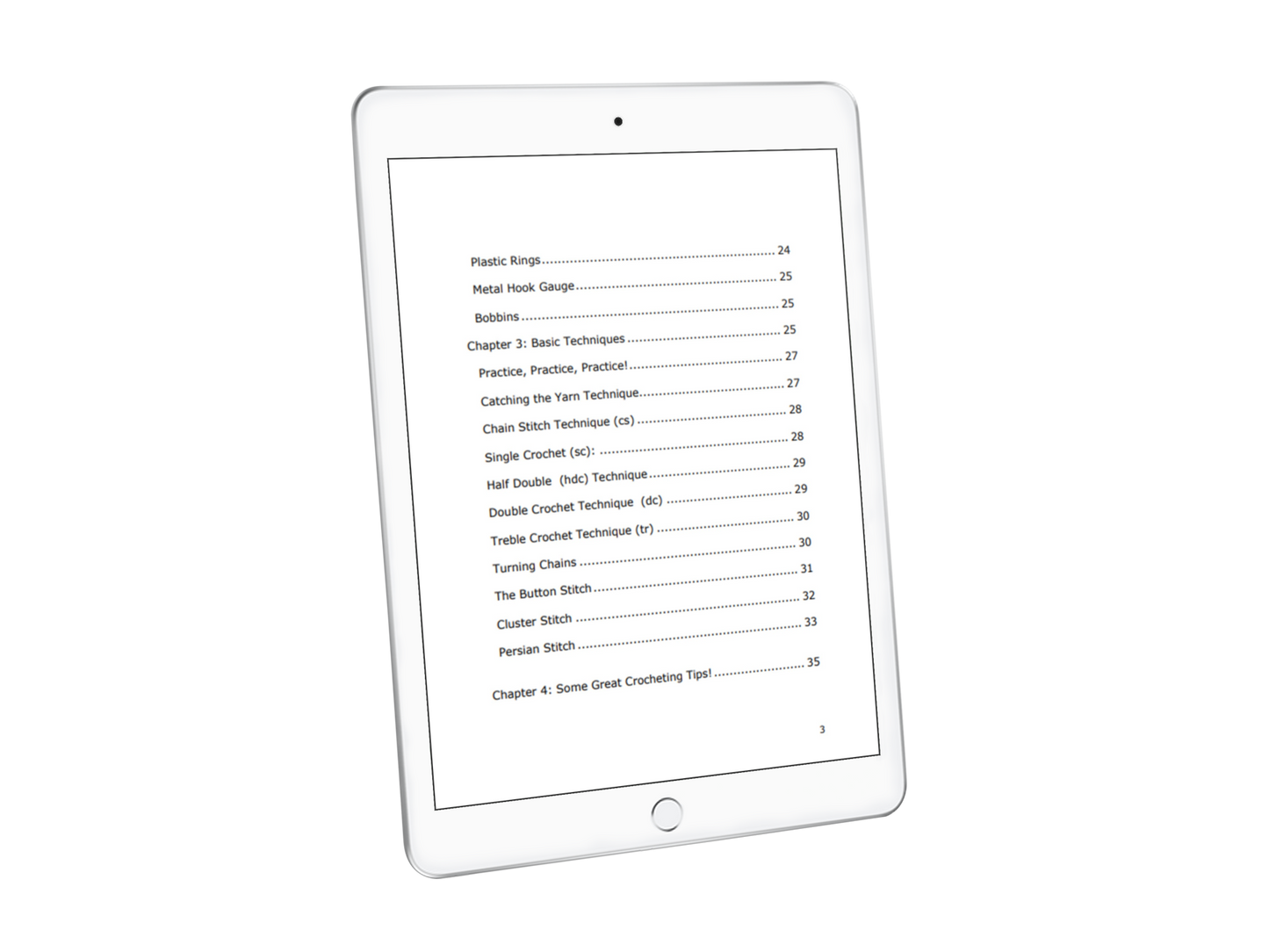 Page three of the All About Crochet eBook on an iPad