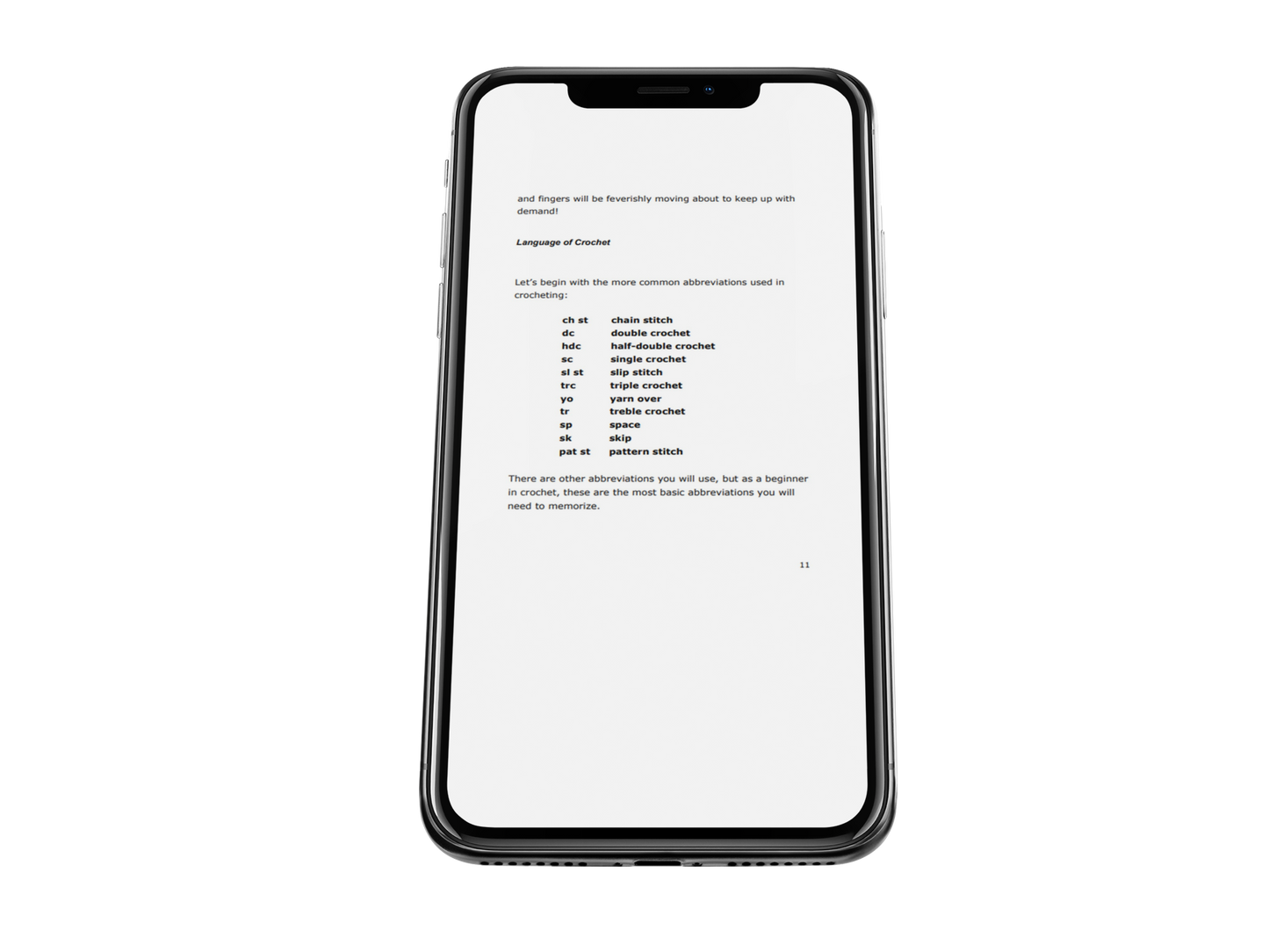Page 11 of the All About Crochet eBook on an iPhone X