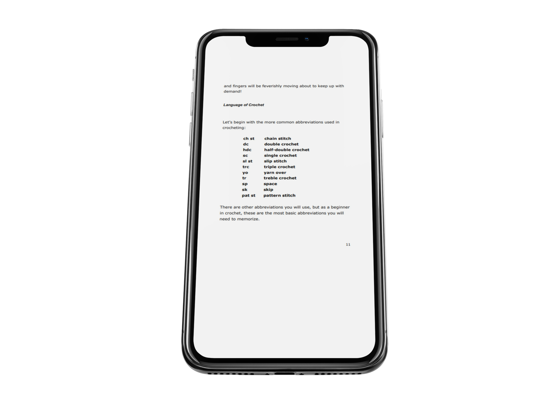 Page 11 of the All About Crochet eBook on an iPhone X
