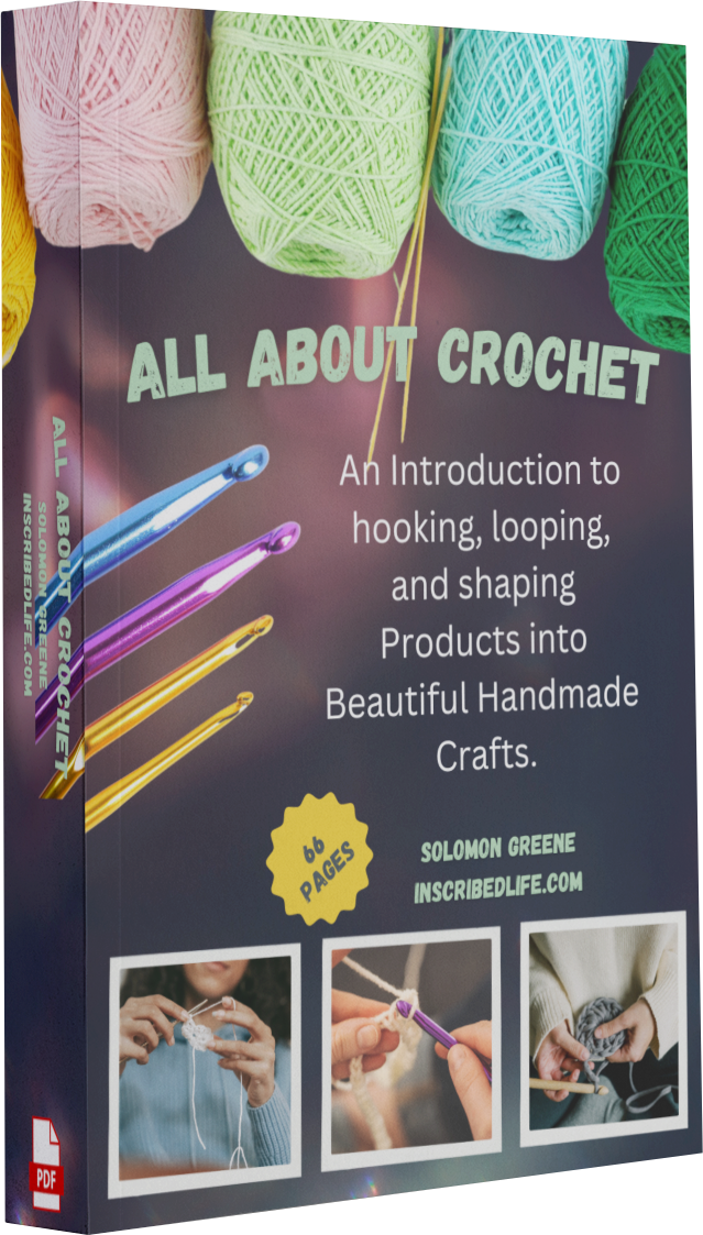 All About Crochet eBook with three images of people crocheting, yarn, and hooks