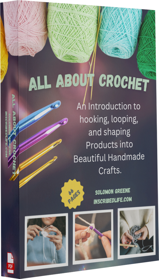 All About Crochet eBook with three images of people crocheting, yarn, and hooks