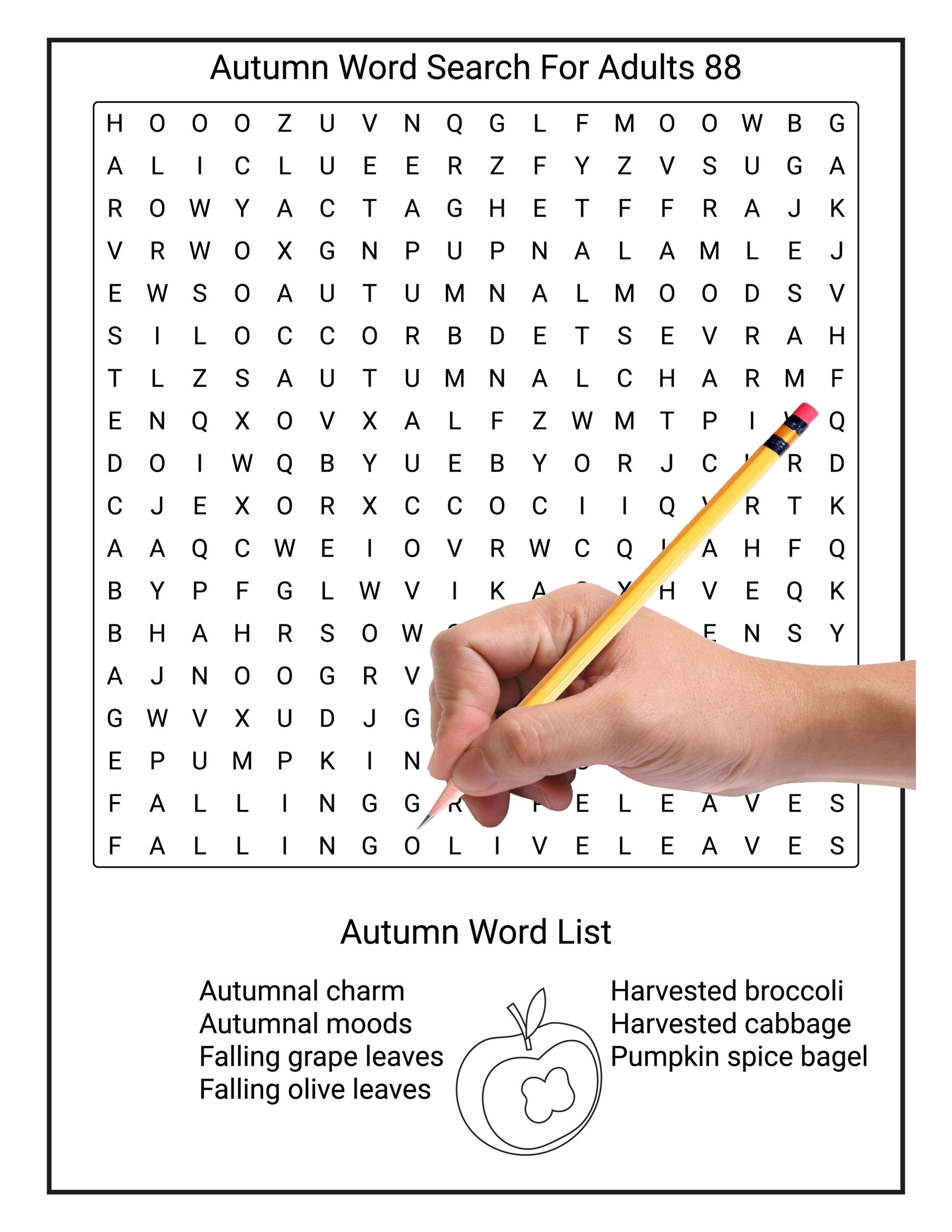 A search page from the Autumn Word Search eBook showing a pencil in a person's hand