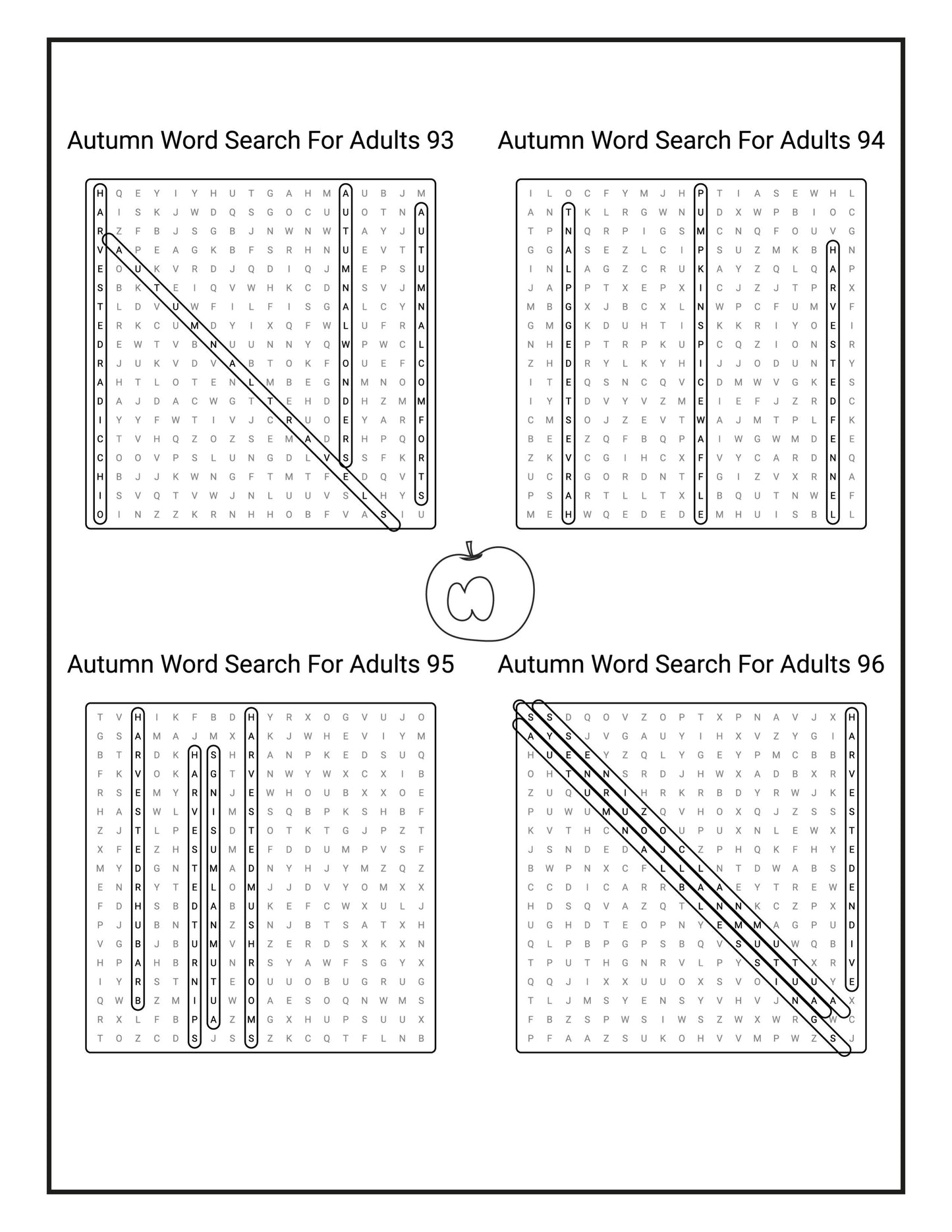 An answer key from the Autumn Word Search for Adults displaying four solutions