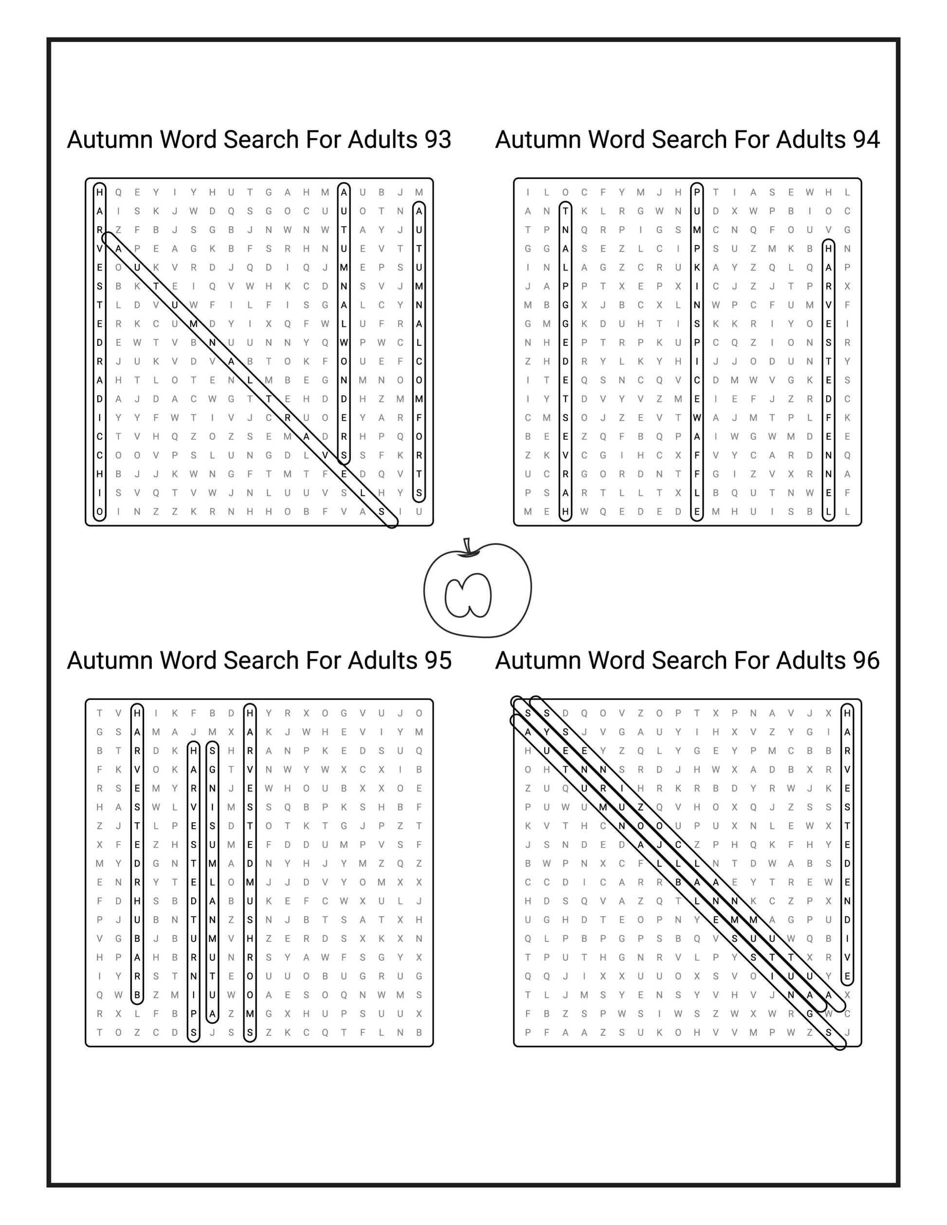 An answer key from the Autumn Word Search for Adults displaying four solutions