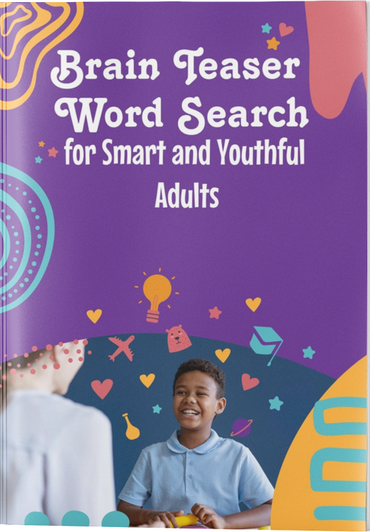 The Brain Teaser Word Search for Smart and Youthful Adults cover with two kids on the bottom