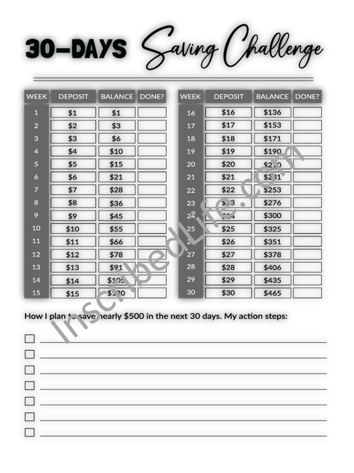 The 30-Day Saving Challenge Worksheet