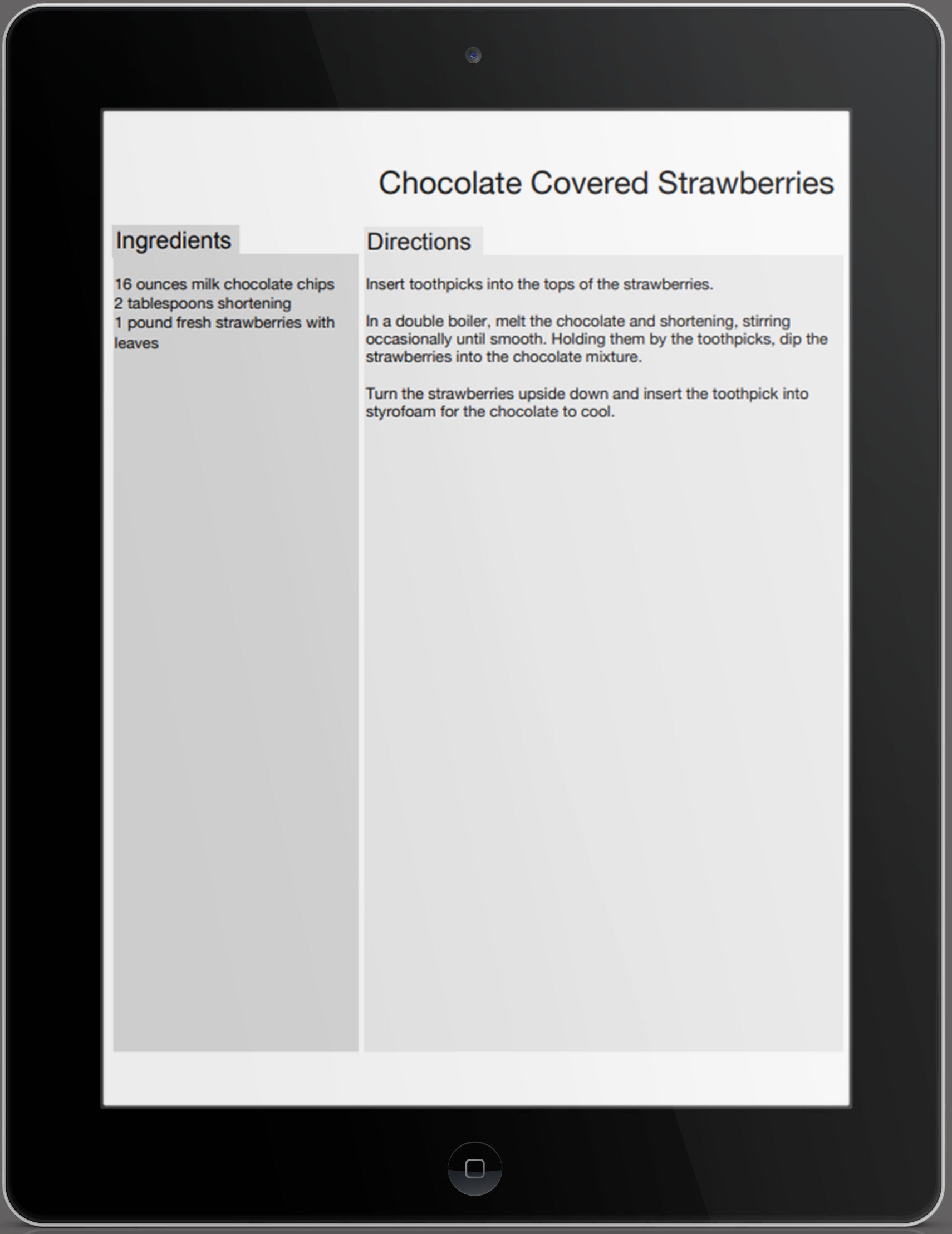 The Chocolate Covered Strawberries Recipe on a tablet mockup