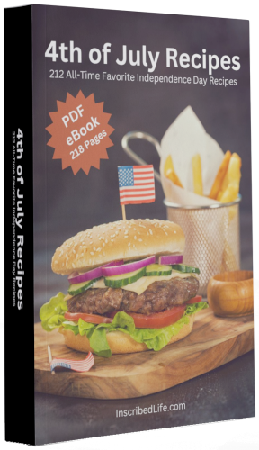 The 4th of July Recipes Cookbook eBook displaying a hamburger with fries on a platter