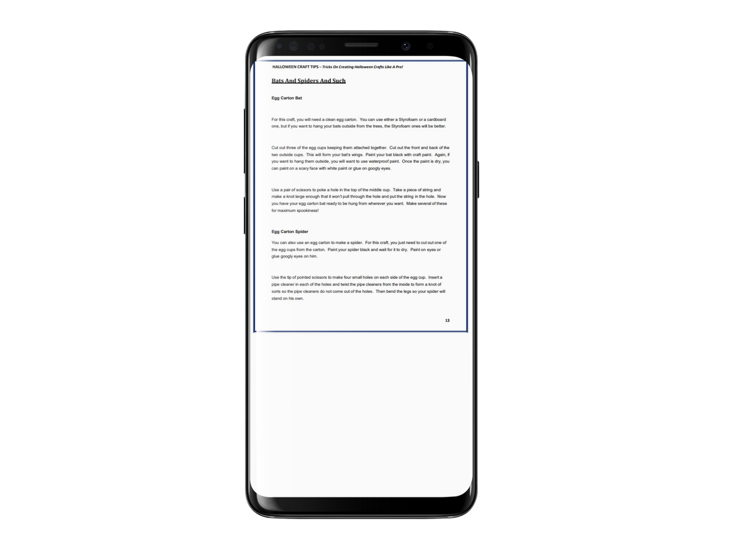 A page from Halloween Craft Tips eBook displaying on a SAMSUNG Galaxy S9