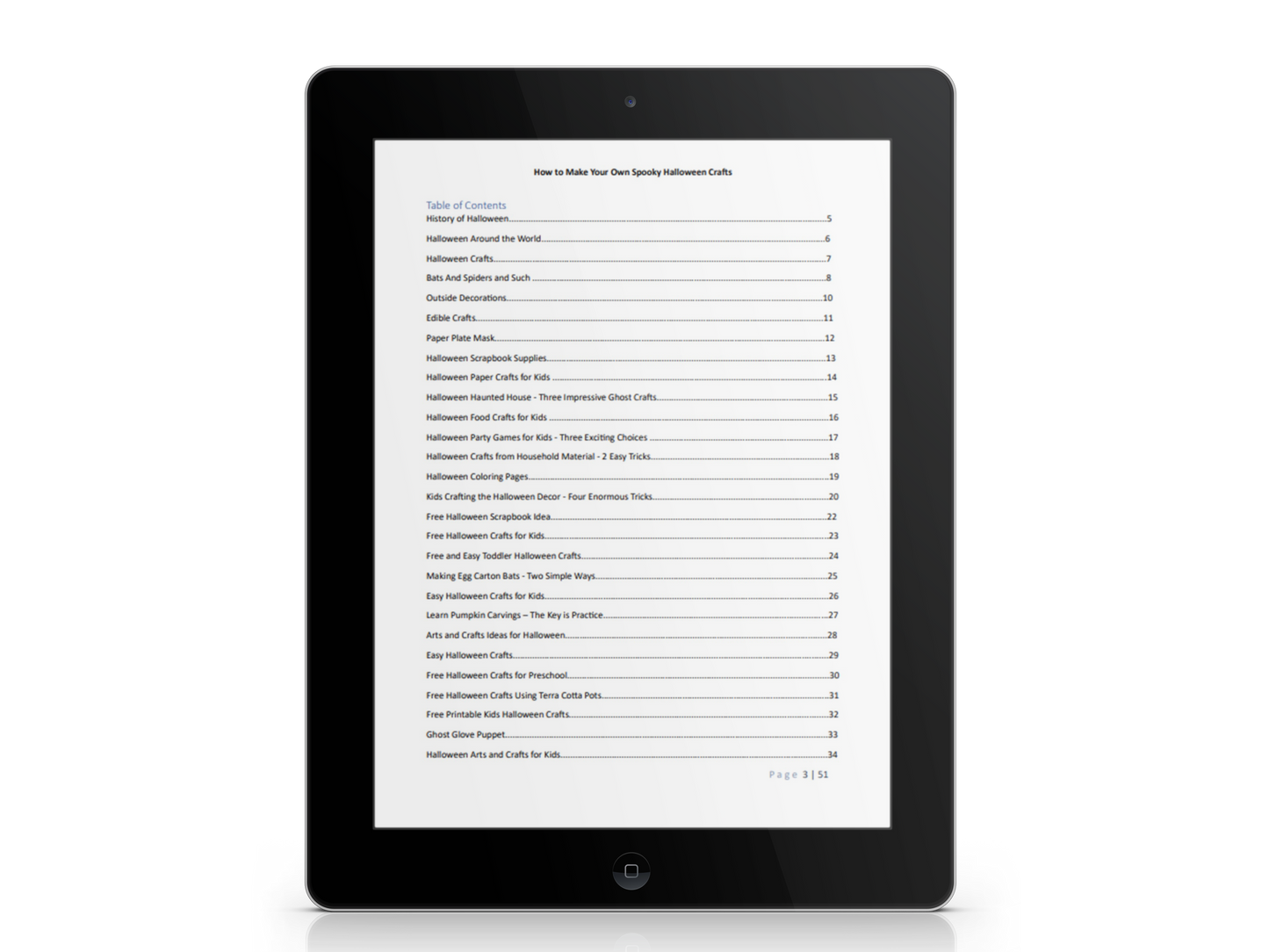 Make Your Own Halloween Crafts eBook table of contents on an iPad