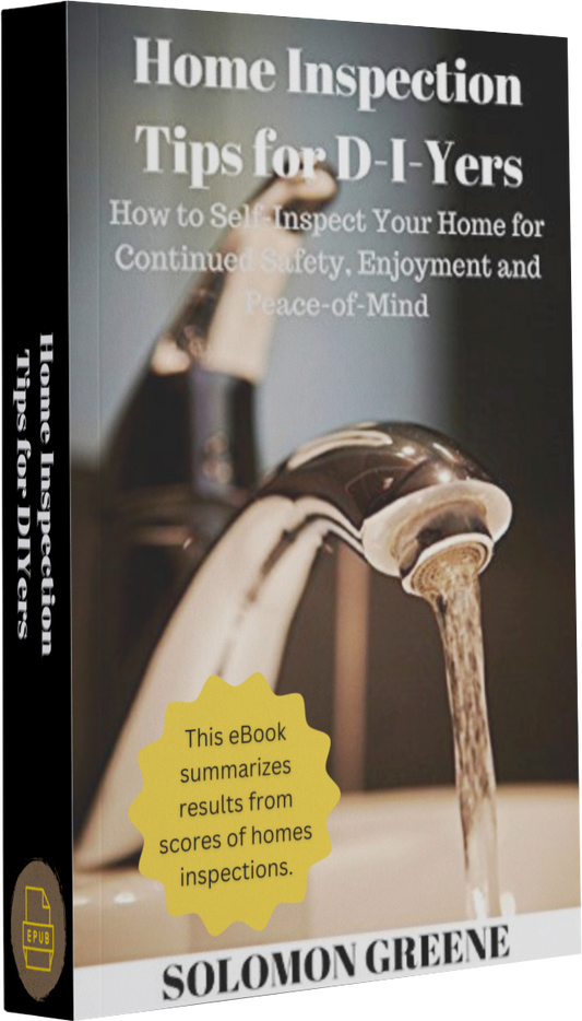 A mockup book cover of the Home Inspection Tips for DIYers eBook displaying Water running from a bass water faucet