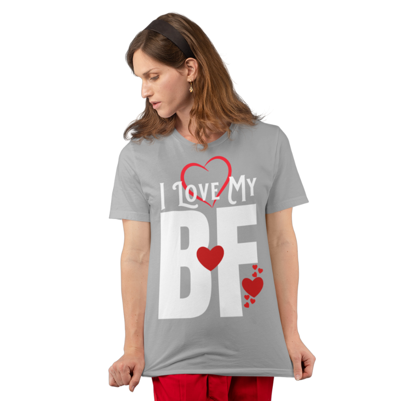 A woman looking to her right and down while wearing the I Love My BF Graphic T-shirt in ash gray