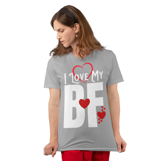 A woman looking to her right and down while wearing the I Love My BF Graphic T-shirt in ash gray