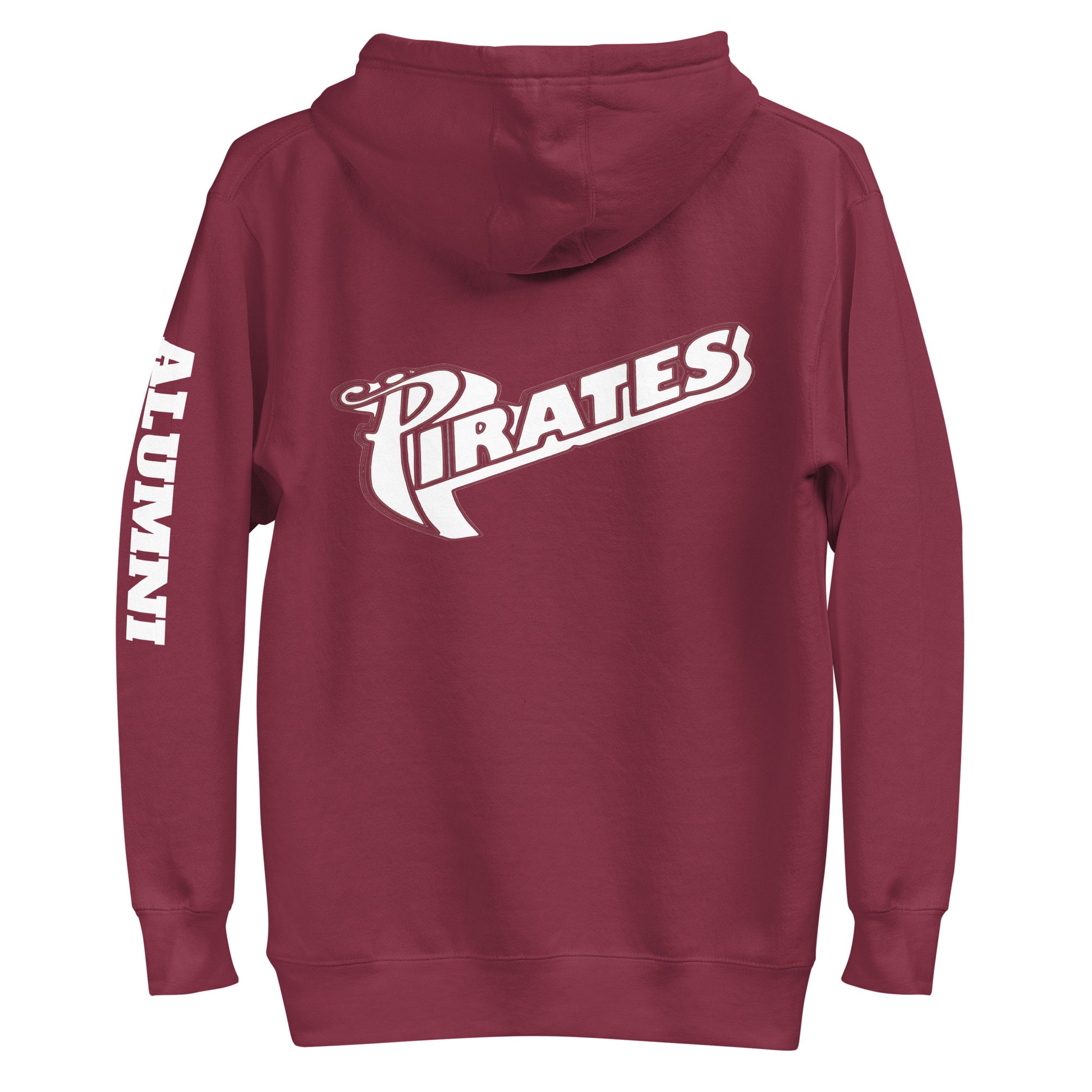 The back of a Maroon Saint Jude High School Hoodie displaying "Alumni" on the left sleeve and "Pirates" on the back 