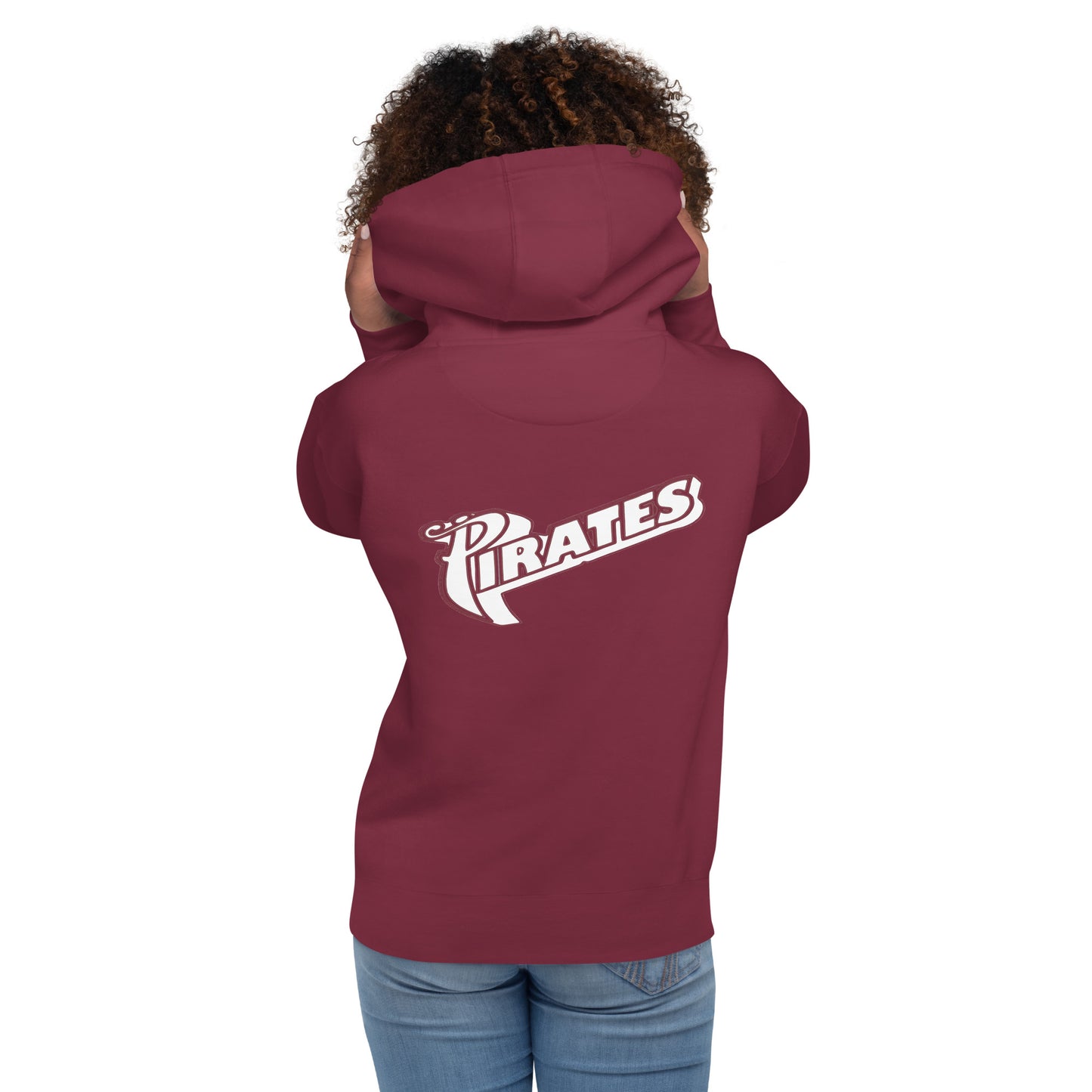 A lady holding the hood of a maroon Saint Jude High School Hoodie with her back facing the camera showing the word, "Pirates"