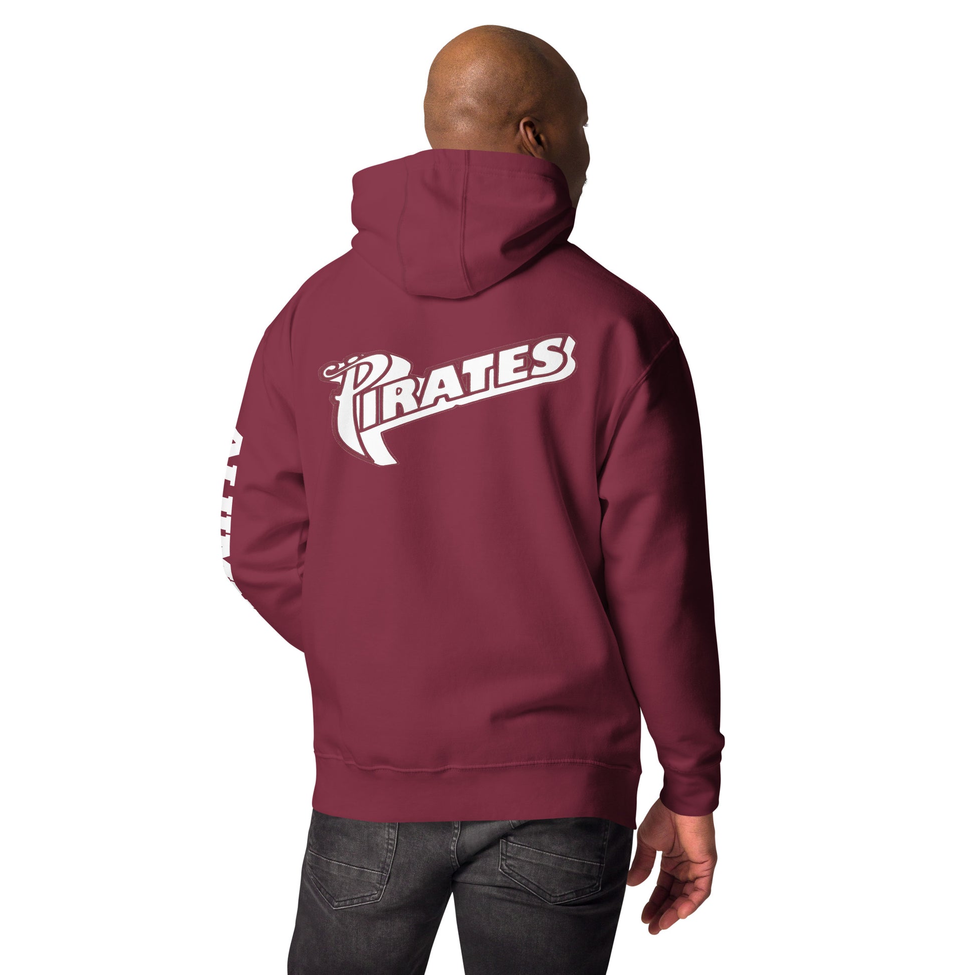 A guy standing with his back facing the camera while wearing the maroon Saint Jude High School Hoodie displaying the word, "Pirates"