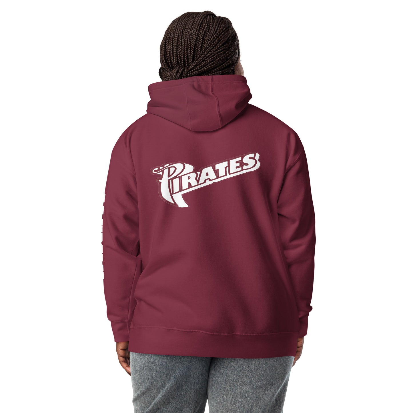 A lady with her hands to her side and wearing maroon Saint Jude High School Hoodie with her back facing the camera showing the word, "Pirates"