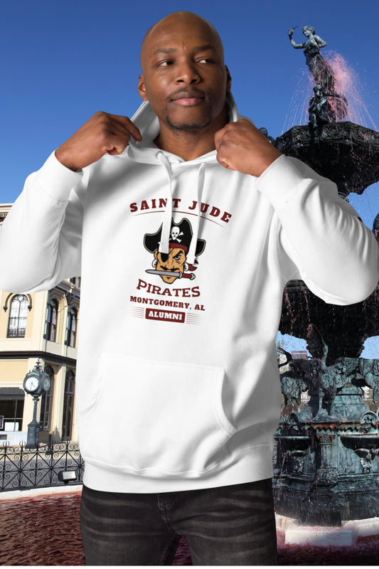 A male wearing a St. Jude High School Hoodie in front of Court Square Fountain in Montgomery, AL