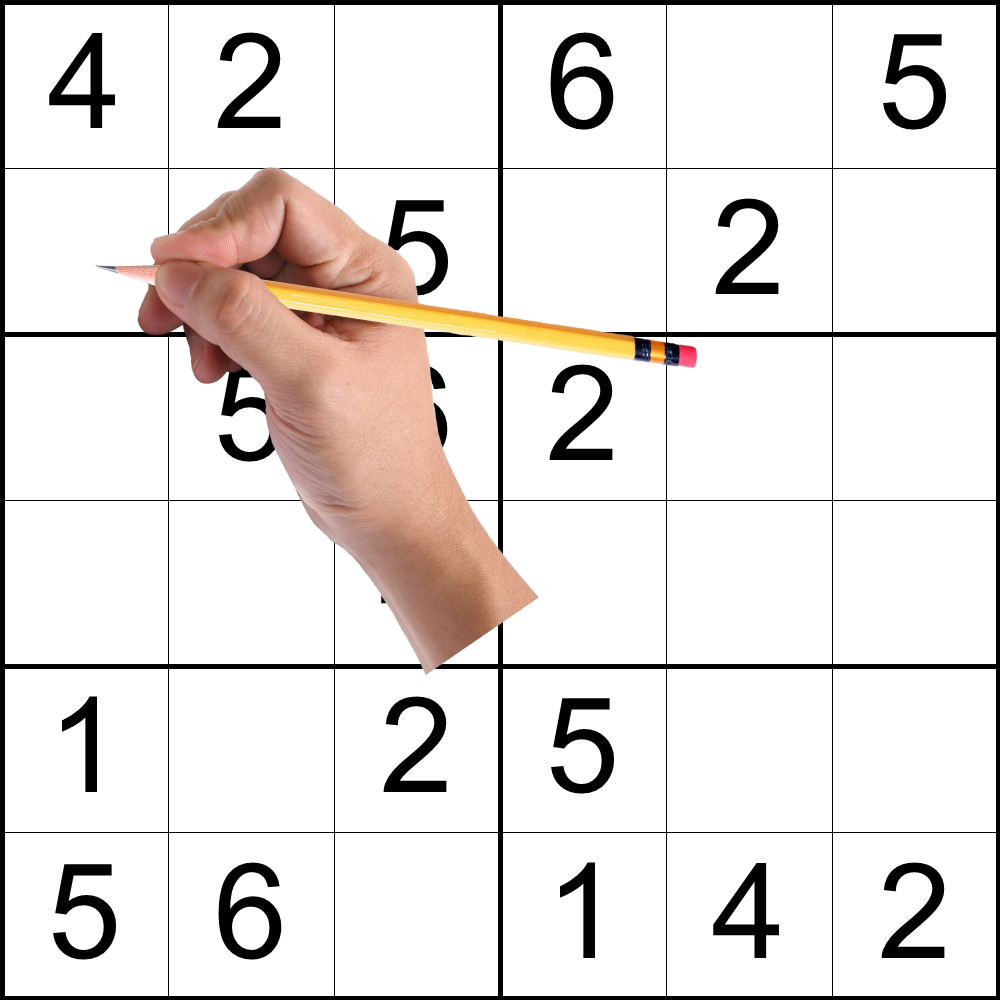 The Very Easy Sudoku Puzzle and Solutions Game Card 1 with a hand and pencil