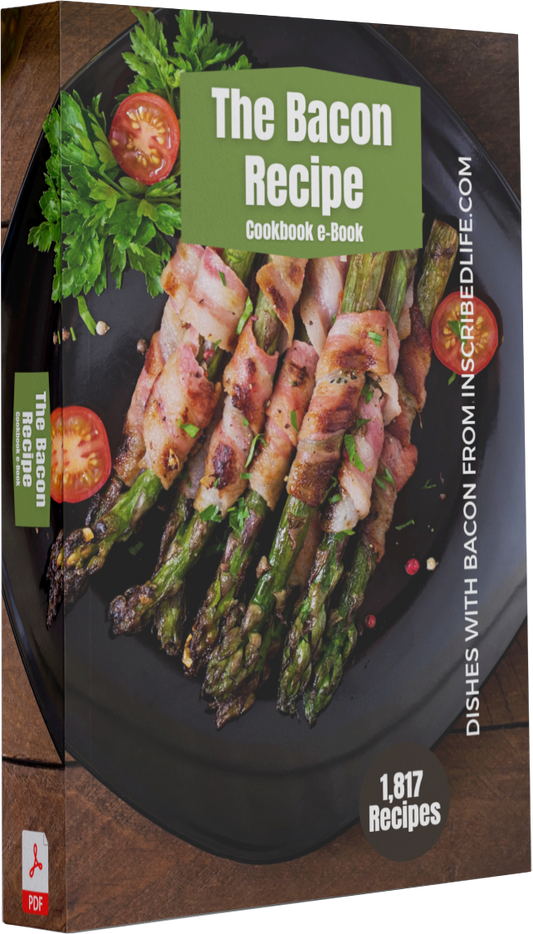 The Bacon Recipe Cookbook e-Book Cover Mockup displaying bacon-wrapped zucchini on a black plate with tomatoes and garnish