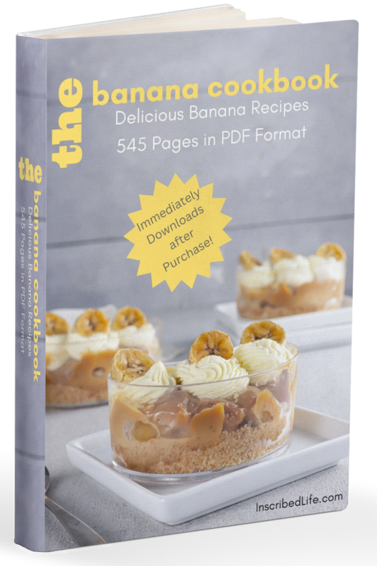 A mockup of the Banana Recipe Cookbook eBook displaying banana pudding servings in three clear dessert dishes resting on white dessert trays