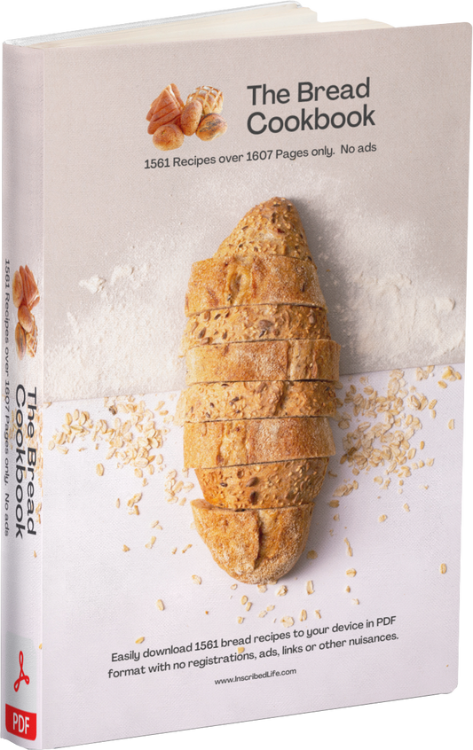 A mockup of the Bread Cookbook displaying a sliced loaf of sourdough bread against a beige background