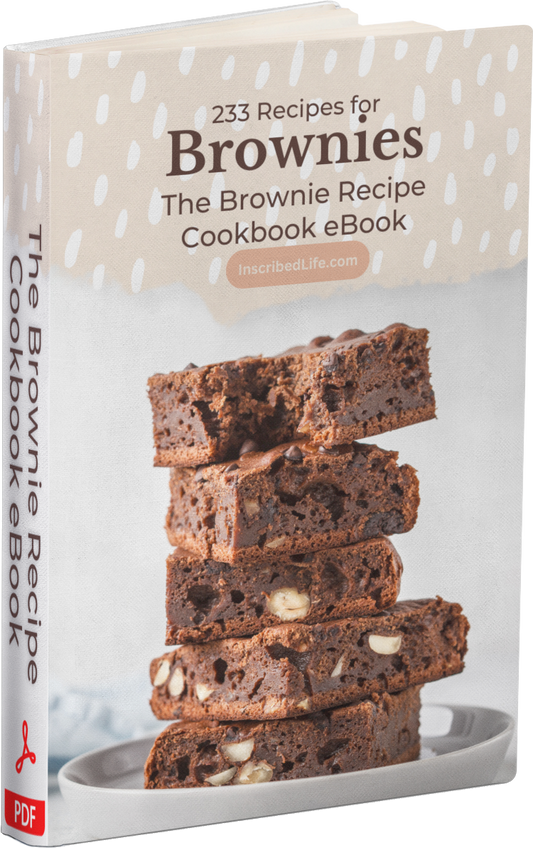 A mockup of the Brownie Recipe Cookbook eBook displaying a stack of brownies on a plate.