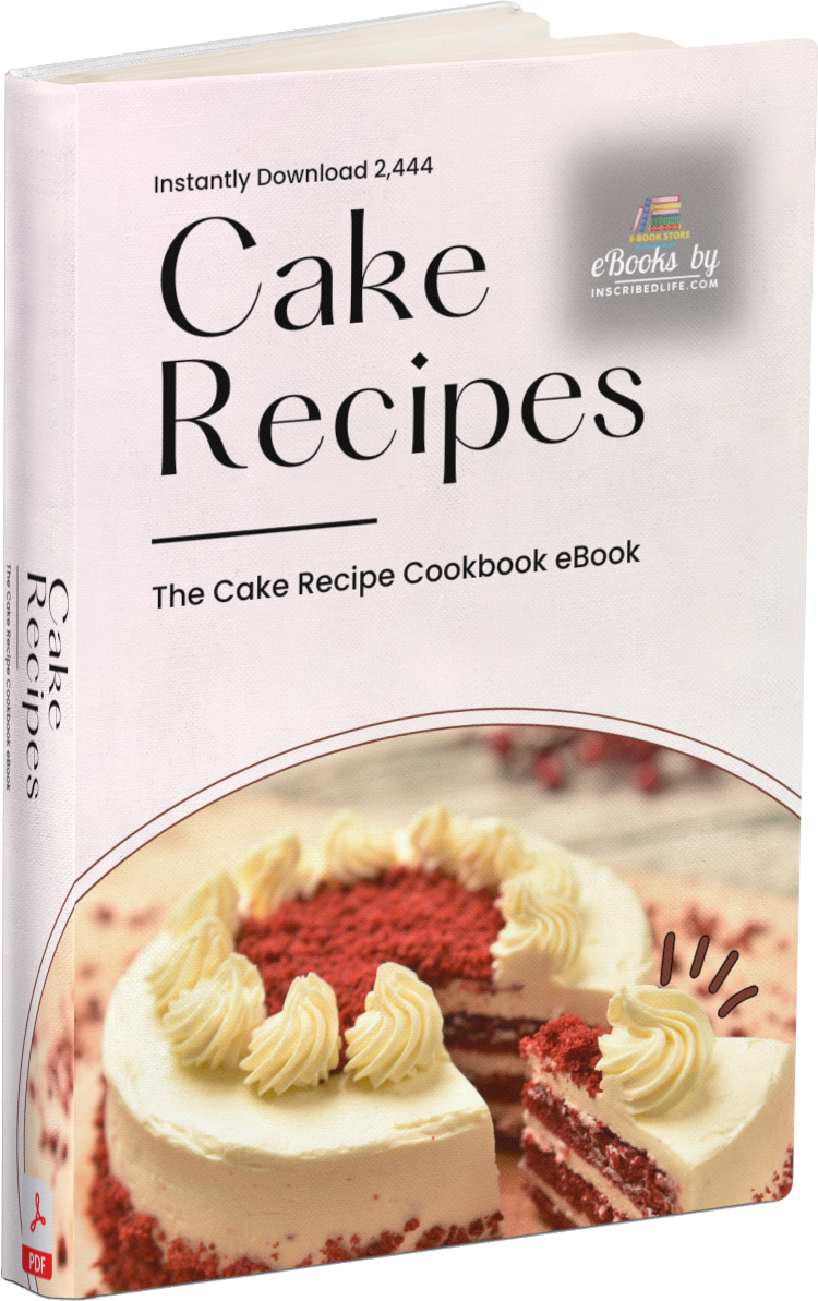 A mockup of the Cake Recipes Cookbook eBook displaying a red velvet cake with a slice separated out