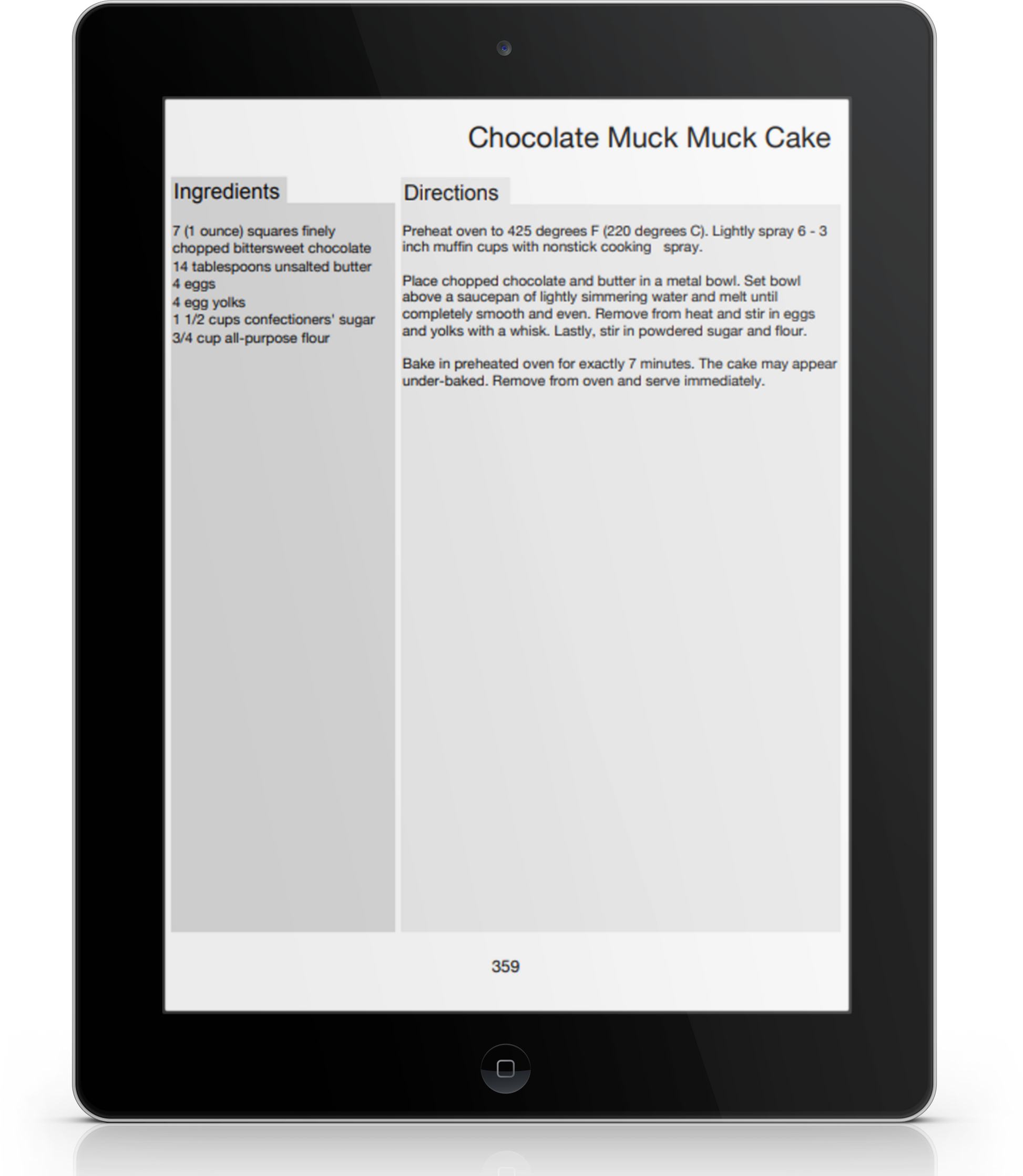 A tablet displaying a sample recipe, "Chocolate Muck Muck Cake"