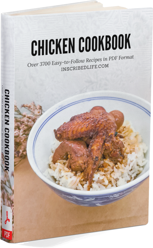 A Mockup of the Chicken Cookbook eBook displaying BBQ chicken wings over rice