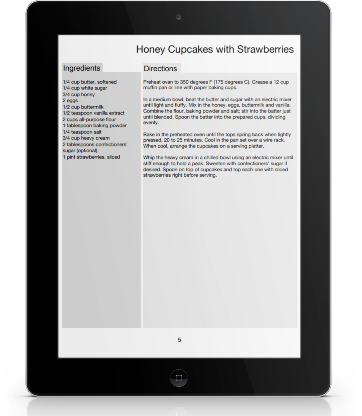 A tablet mockup displaying a sample cupcake recipe, "Honey Cupcakes with Strawberries"