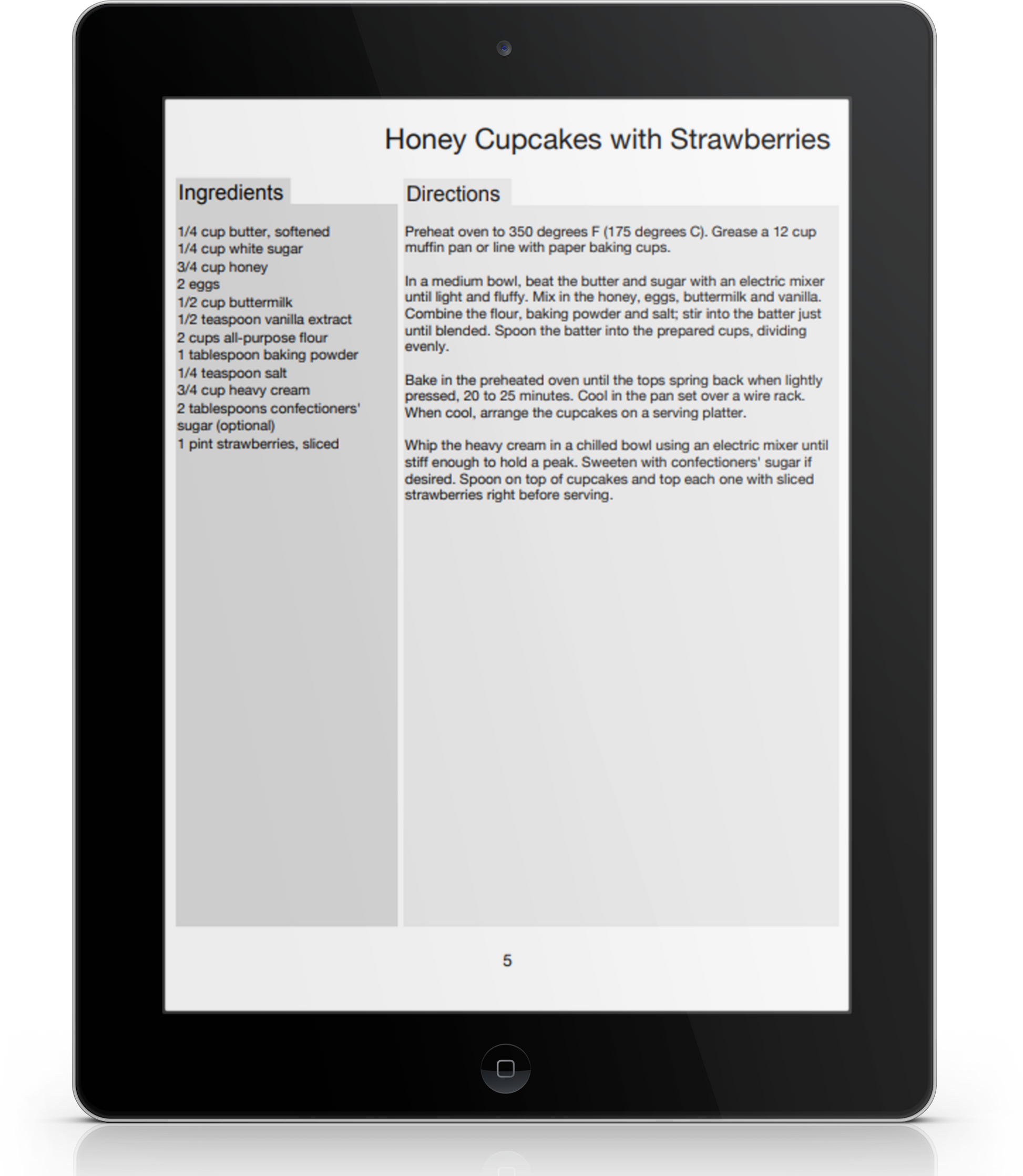 A tablet mockup displaying a sample cupcake recipe, "Honey Cupcakes with Strawberries"