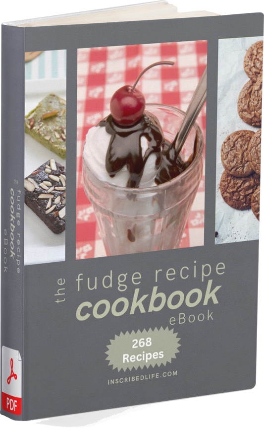 A mockup of the Fudge Recipe Cookbook eBook displaying fudge brownies, a fudge topping on ice cream, and fudge cookies