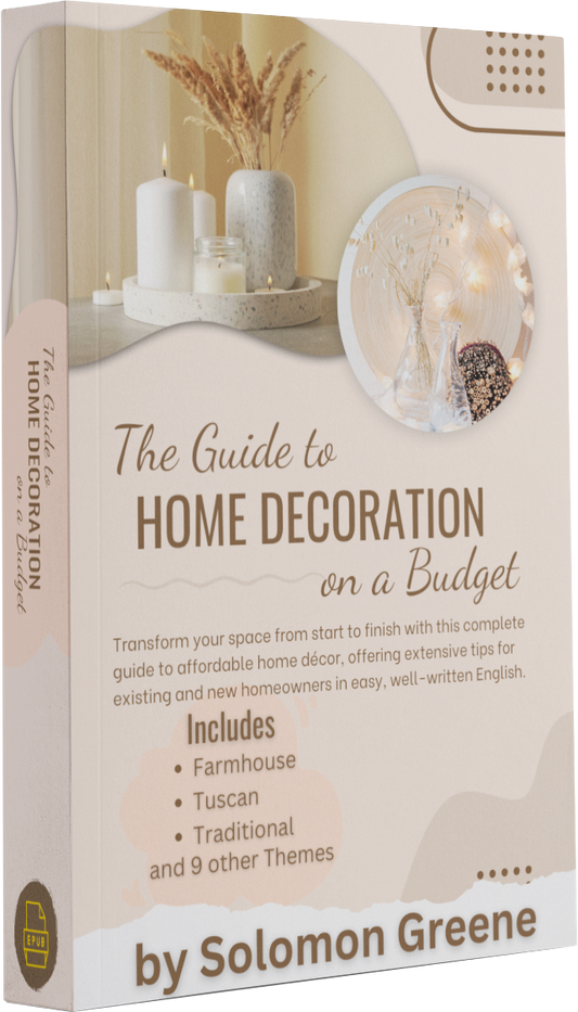 A mockup of the Guide to Home Decoration on a Budget eBook displaying an image of candles, and lights