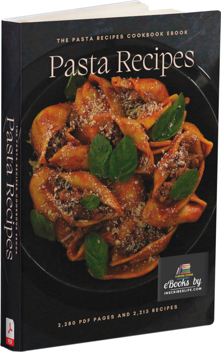 A mockup of the Pasta Recipes Cookbook eBook displaying a pasta dish in a black bowl against a black backround