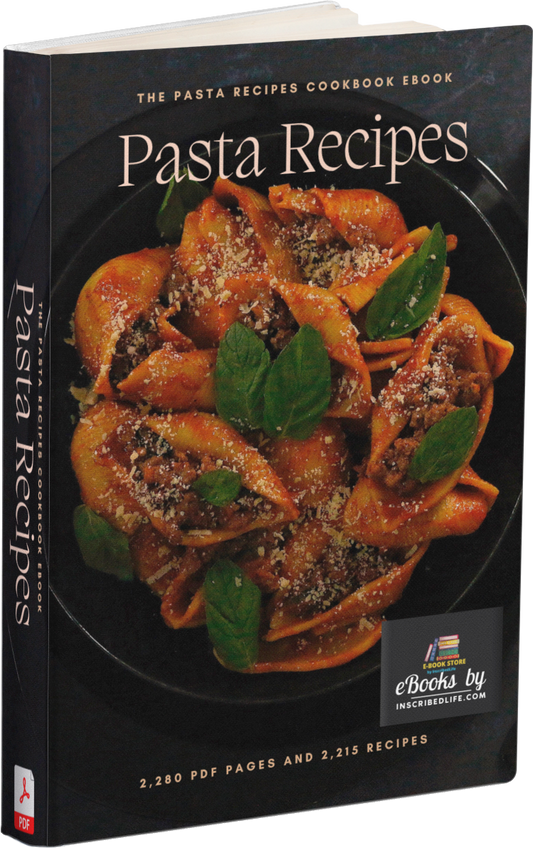 A mockup of the Pasta Recipes Cookbook eBook displaying a pasta dish in a black bowl against a black backround