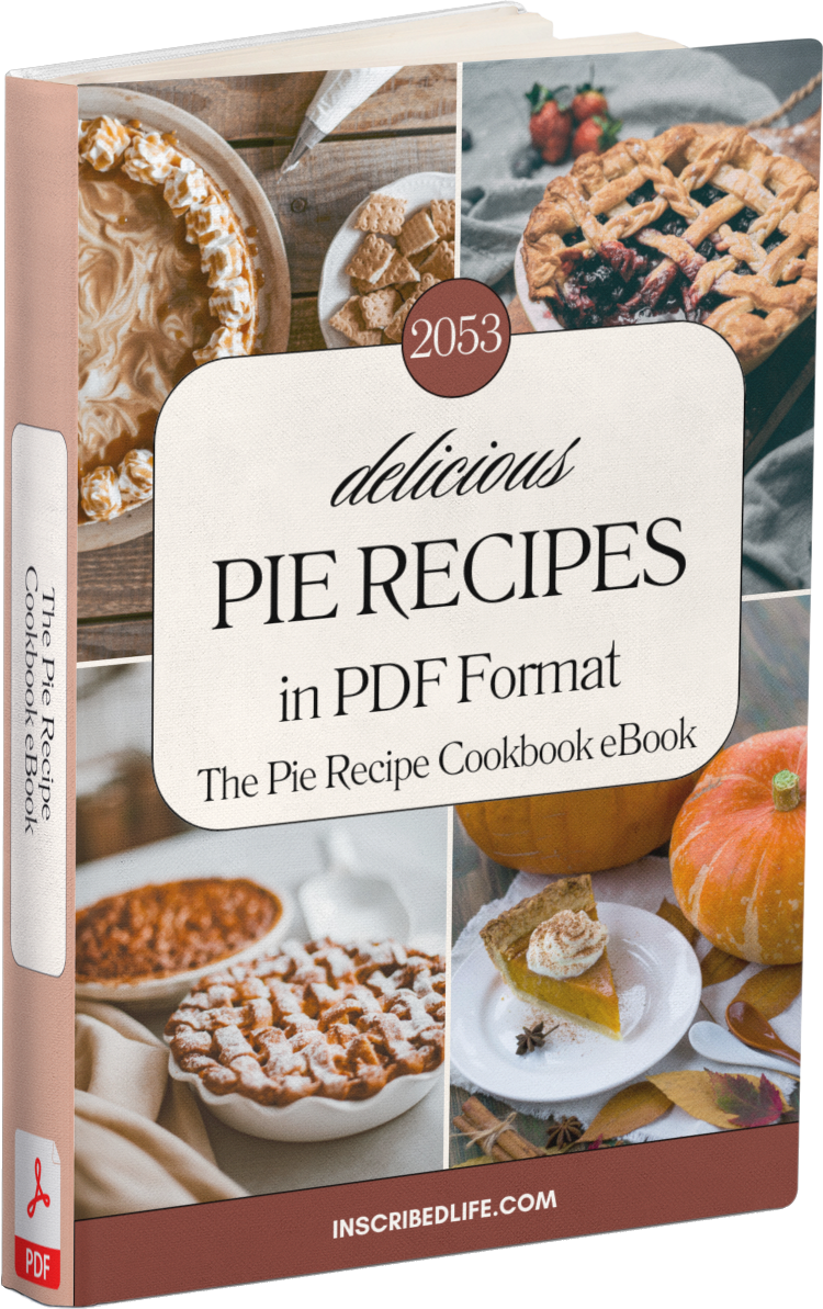 A mockup of the Pie Recipe Cookbook eBook displaying different pies in each corner