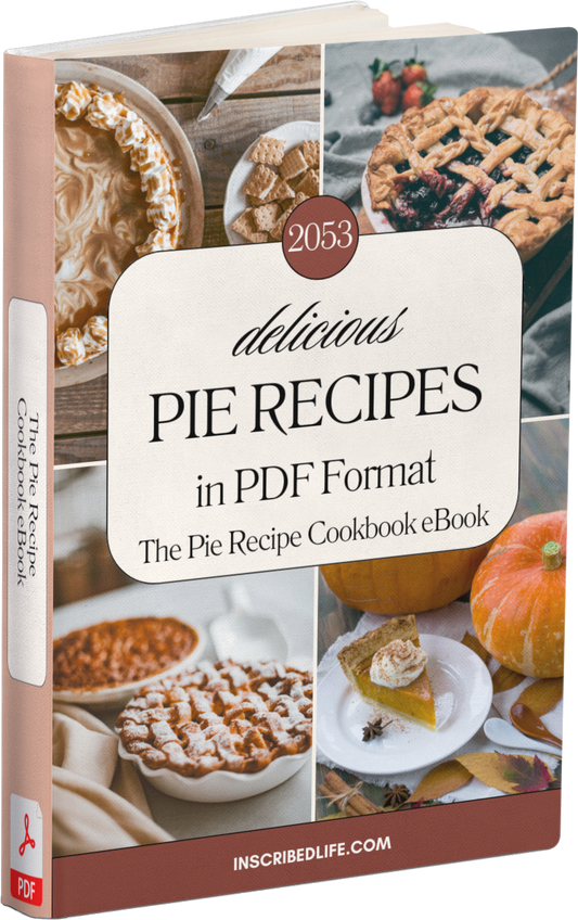 A mockup of the Pie Recipe Cookbook eBook displaying different pies in each corner