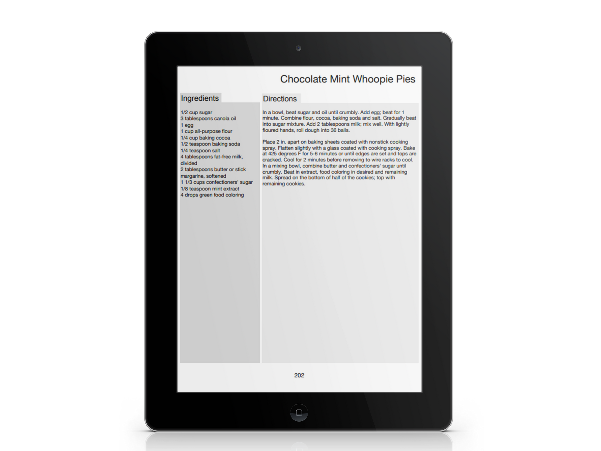 A tablet mockup displaying a sample recipe, "Chocolate Mint Whoopies"