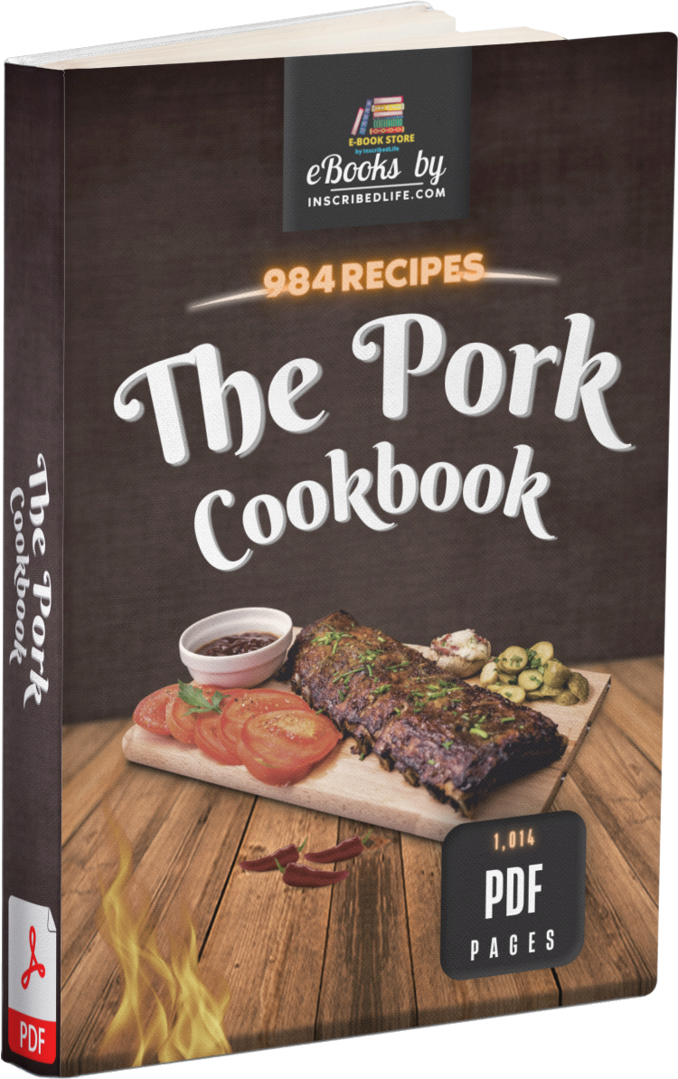 A Mockup of the Pork Recipe Cookbook eBook displaying a slab of ribs on a platter with sliced tomatoes and mushrooms on a wood tray resting on a wooden shelf, all against a brown background