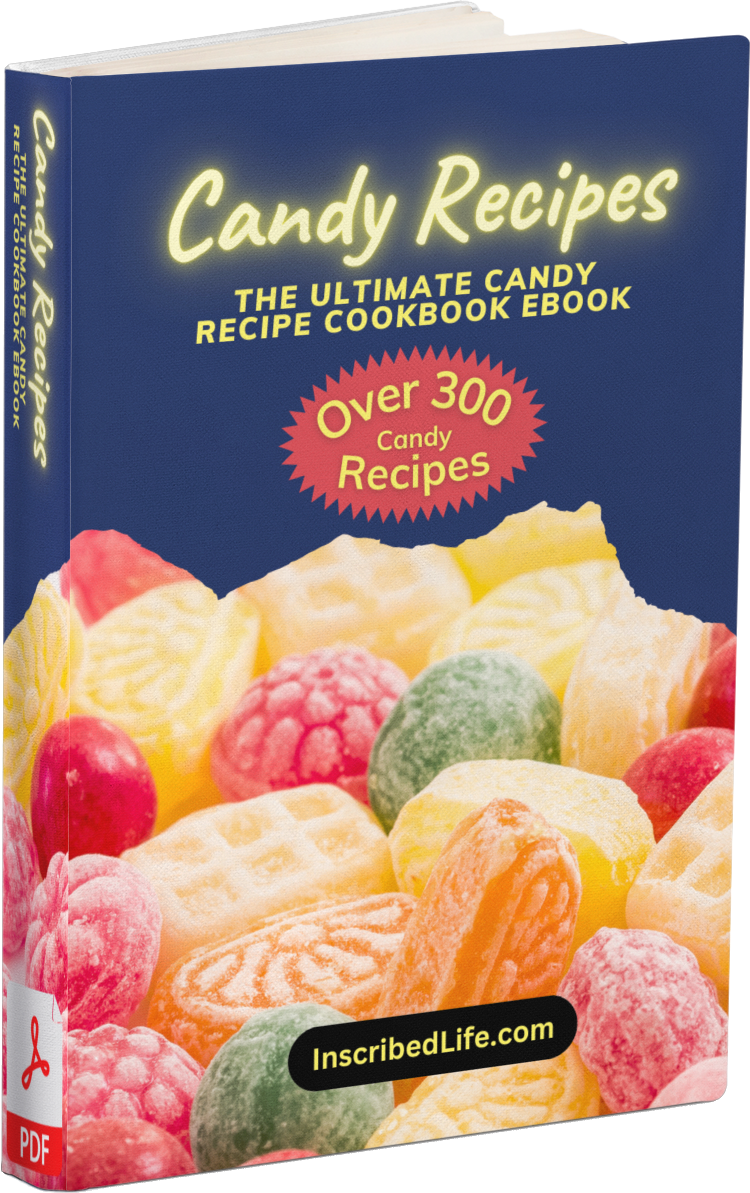 A mockup of a book displaying colorful candies against a blue background